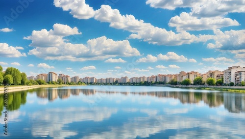 landscape with lake and blue sky.