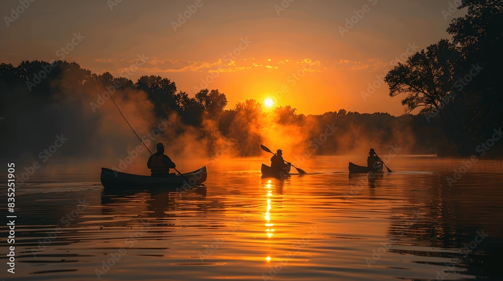 Dawn's tranquility: Friends silently fishing together. Dawn's tranquility: Friends silently fishing together.