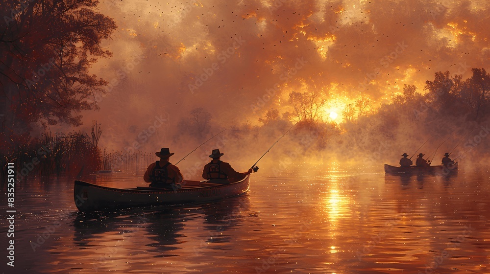 Tranquil camaraderie: Friends in canoes, fishing.