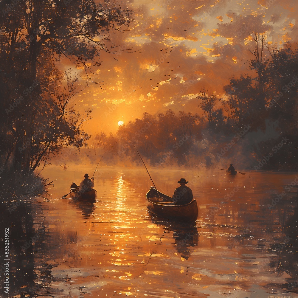 Misty dawn fishing: Friends quietly casting lines Misty dawn fishing: Friends quietly casting lines