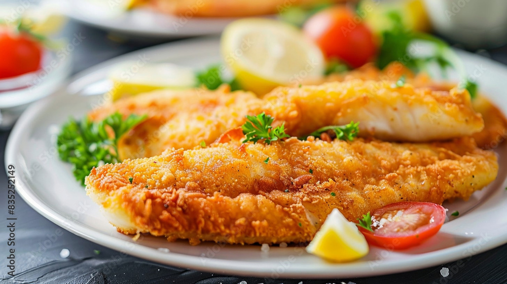 Fish in batter on a plate, beautiful presentation Fish in batter on a plate, beautiful presentation
