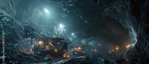  Underground perspective of mining operations with heavy machinery and dynamic lighting photo