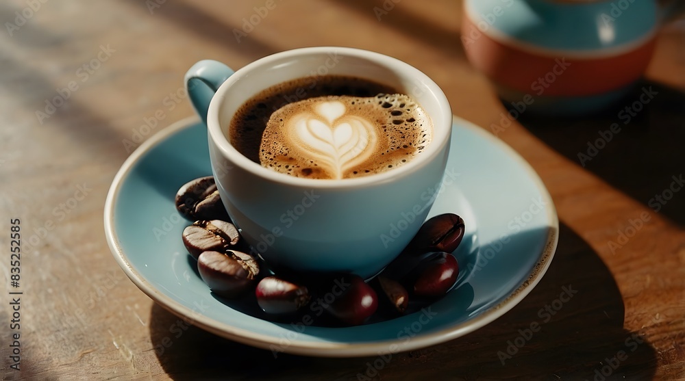 a cup of coffee and some coffee beans lying around the cup, aesthetic, natural light, cherries and almonds in the background. a cup of coffee and some coffee beans lying around the cup, aesthetic, natural light, cherries and almonds in the background.