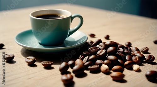 a cup of coffee and some coffee beans lying around the cup, aesthetic, natural light, cherries and almonds in the background.
