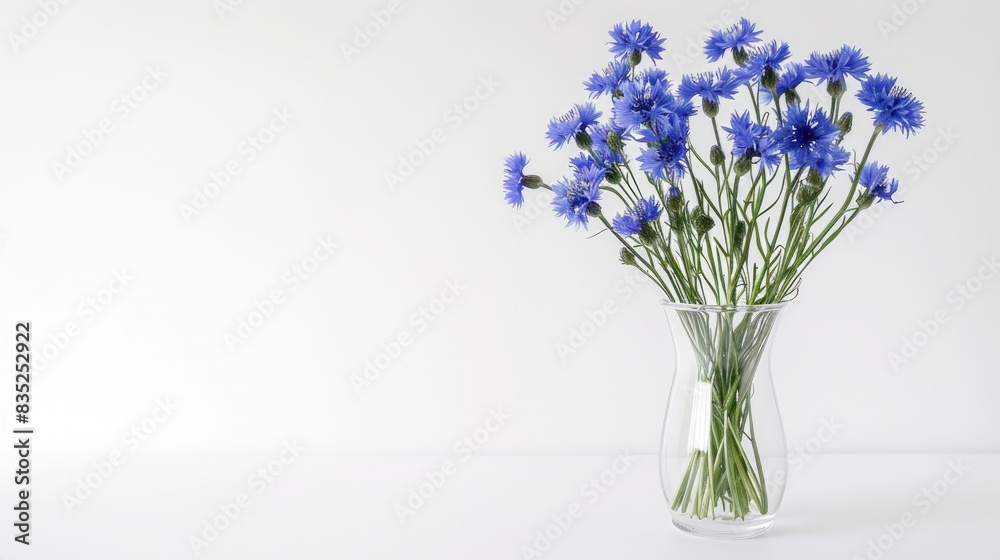 A beautiful arrangement of blue cornflowers in a clear glass vase, placed against a white background A beautiful arrangement of blue cornflowers in a clear glass vase, placed against a white background