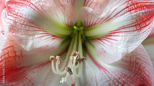 An Amaryllis bloom showcasing its stamens adorned with pollen photo
