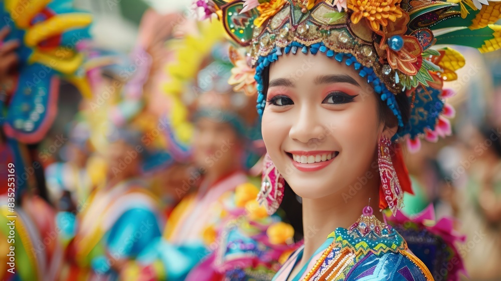 Fototapeta premium Cultural Street Parade: a colorful cultural street parade with traditional costumes, vibrant floats, and joyful participants, ideal for cultural events and diversity celebrations.