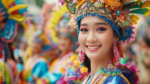 Cultural Street Parade: a colorful cultural street parade with traditional costumes, vibrant floats, and joyful participants, ideal for cultural events and diversity celebrations. © tanongsak