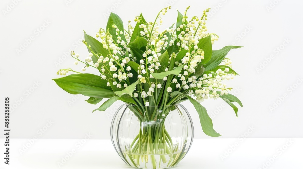 A beautiful arrangement of lily of the valley flowers in a clear glass vase, placed against a white background