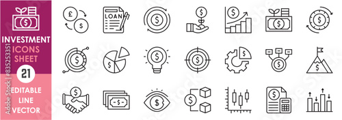 A set of line icons related to investment. Invest, money, growth, profit, loss, graph, agreement, share and so on. Vector outline icons set.