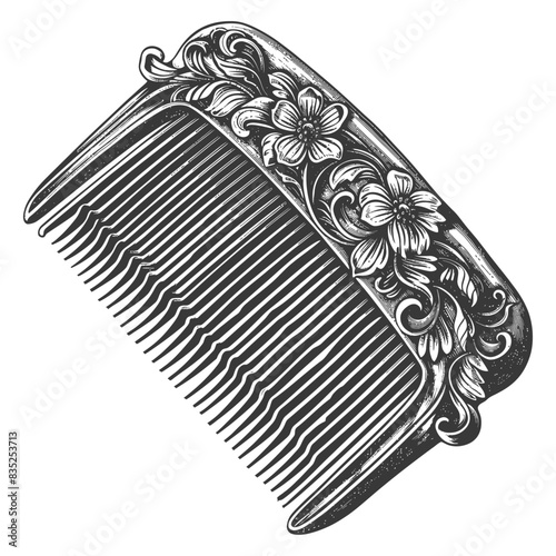 Ornate Engraved Comb: Vintage Floral Hair Accessory, Detailed Etching on White.