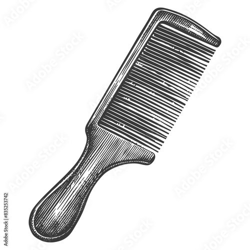 Engraved Vintage Comb: Hand-Drawn Hair Care Tool, Detailed Etching, Isolated on White.
