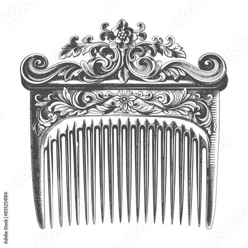 Vintage Floral Hair Comb Engraving, Intricate Detail.