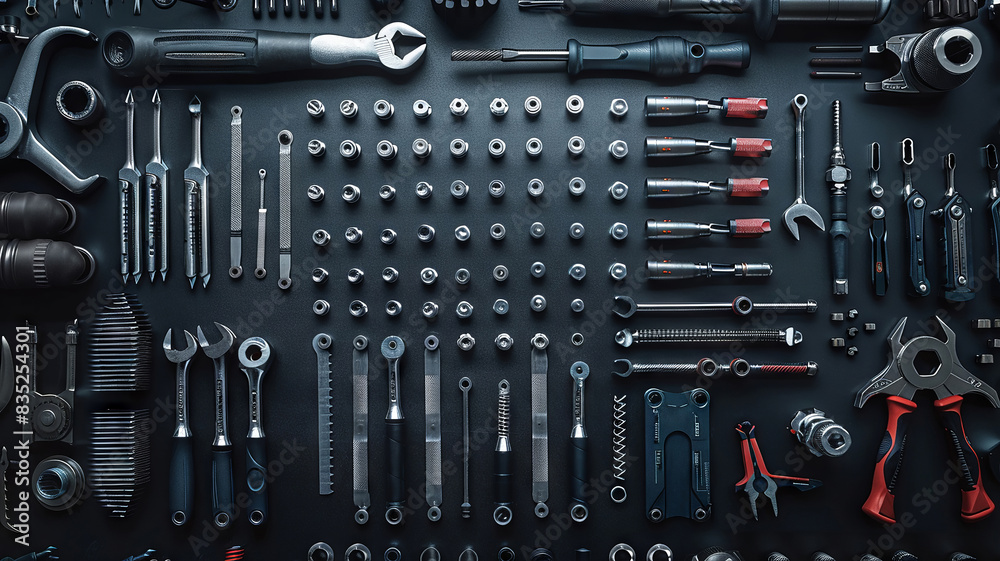 Fototapeta premium Precision engineering tools neatly arranged in a workshop kit