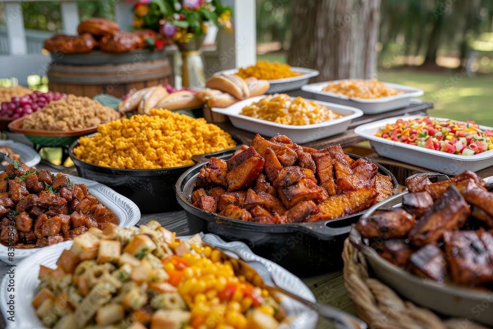 The Juneteenth picnic spread featured traditional foods, colorful dishes, an outdoor table, and a family gathering