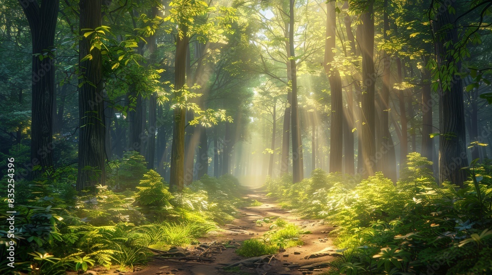 Obraz premium Lush Forest Path: Capture the serenity of a lush forest path with towering trees, dappled sunlight, and a winding trail, perfect for nature blogs