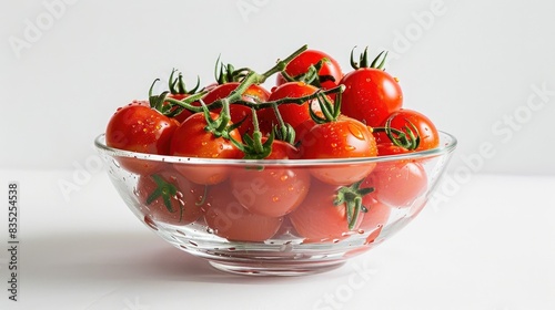 A beautiful arrangement of tomatoes in a clear glass bowl, placed against a white background photo