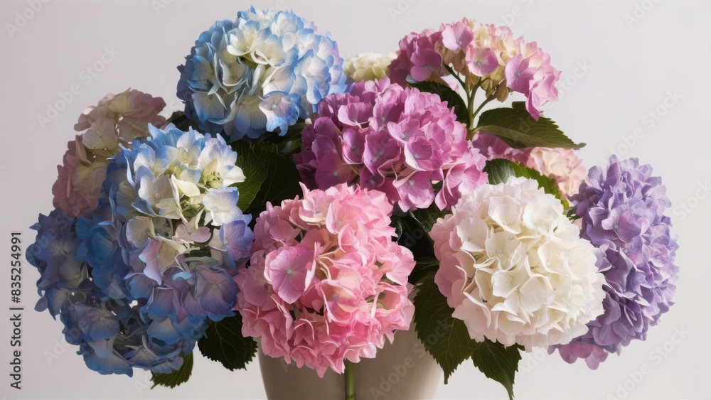 a beautiful bouquet of hydrangeas. the hydrangeas in full bloom, showcasing their large, round flower clusters with a mix of colors including blue, pink, purple, and white a beautiful bouquet of hydrangeas. the hydrangeas in full bloom, showcasing their large, round flower clusters with a mix of colors including blue, pink, purple, and white