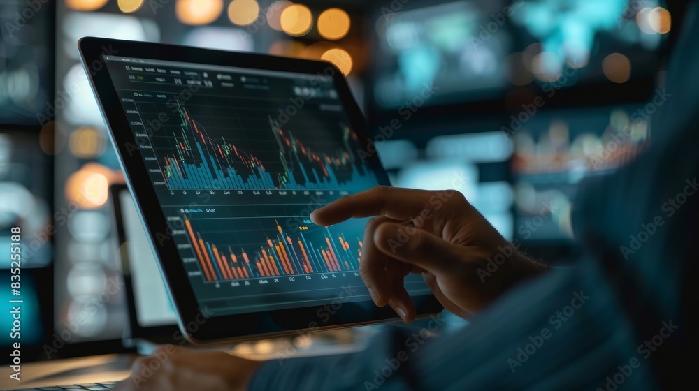 A businessman scrutinizes a 3D chart hovering above a digital tablet screen, signaling a prosperous increase in business profit. A businessman scrutinizes a 3D chart hovering above a digital tablet screen, signaling a prosperous increase in business profit.