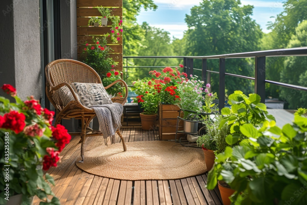 Fototapeta premium Beautiful balcony or terrace with wooden floor, chair and green potted flowers plants. Cozy relaxing area at home. Sunny stylish balcony terrace in the city