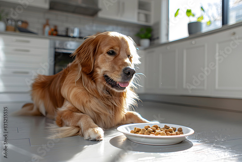 Happy dog licks eats pet healthy dry food from white plate in a modern kitchen with white cabinets and light grey countertops. Sunlight pours in from large window  illuminating the dog s glossy coat.