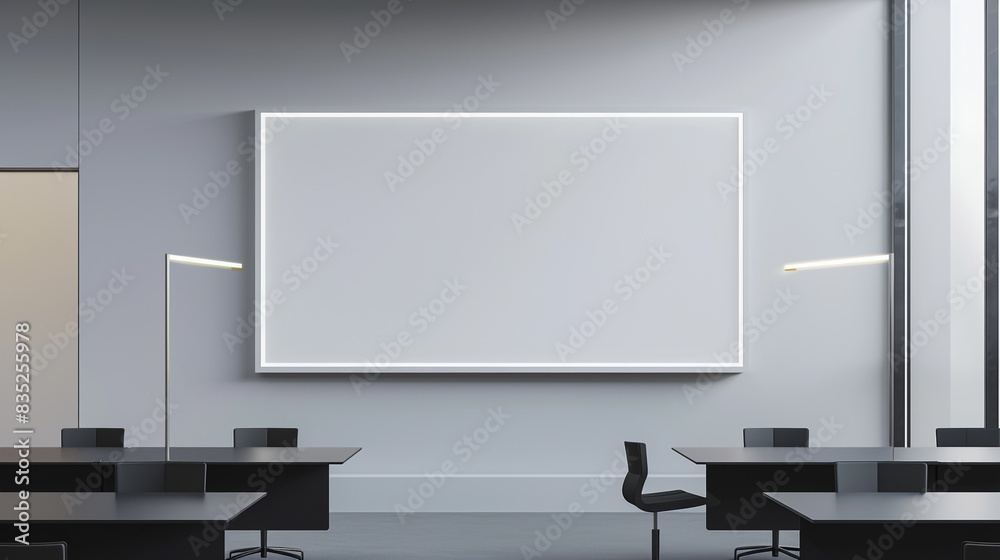 Minimalist office space with a blank white frame on a smooth, matte wall, complemented by modern black desks and innovative lighting. Minimalist office space with a blank white frame on a smooth, matte wall, complemented by modern black desks and innovative lighting.
