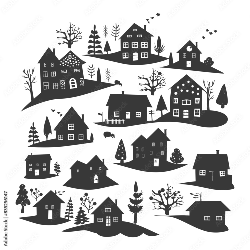 silhouette village atmosphere black color only