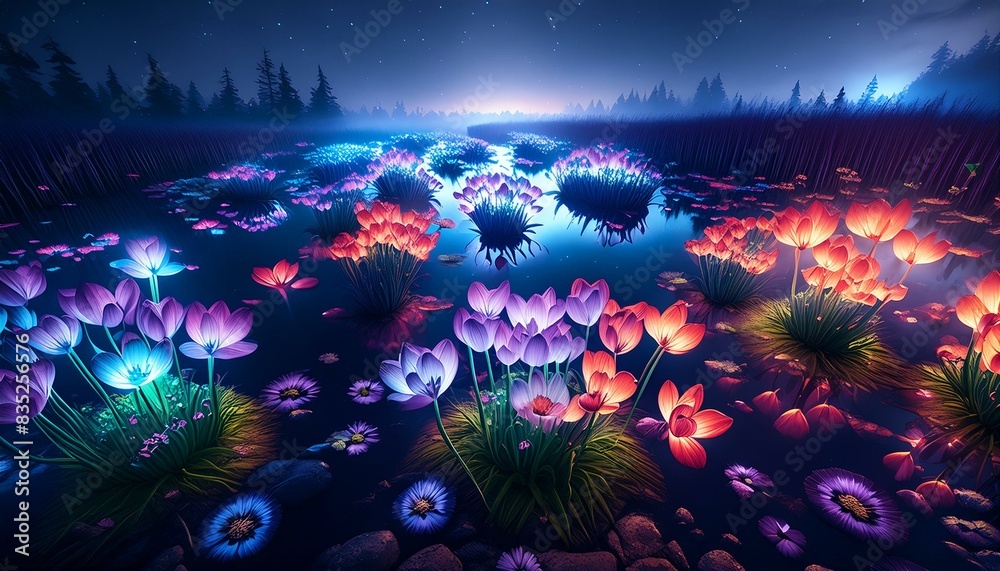 Fototapeta premium Night's Palette: A Surreal Floral Symphony in the Marsh