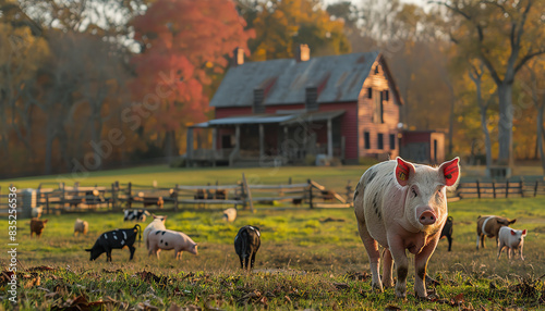 A pig stands in a lush green field, looking at the camera