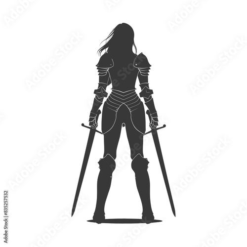 Silhouetted Female Knight: Back View, Full Armor, Dual Swords, Windblown Hair.