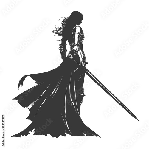Silhouette of a Female Knight in Armor with Sword and Flowing Cape.