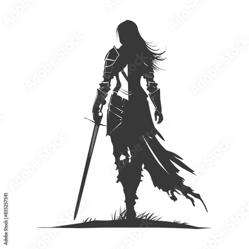 Silhouette of a Female Knight with Sword and Torn Fabric on White.