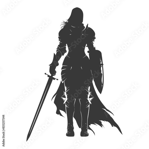 Silhouette Knight: Female Warrior in Armor, Sword and Shield, Cloaked Figure.