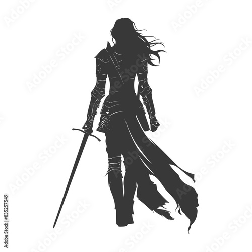 Silhouetted Female Knight: Armored Warrior with Flowing Cape and Sword.