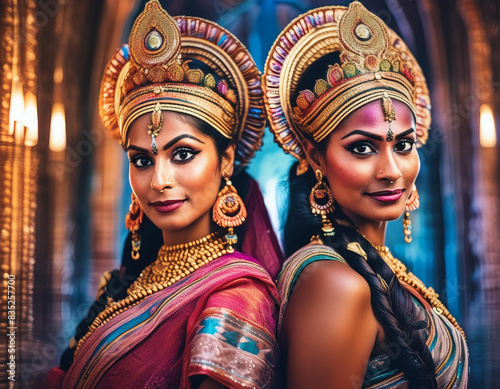 Indian queens  dancers  women in palace dress. Colorful traditional dress with crowns and ornaments. Hindu tradition photo