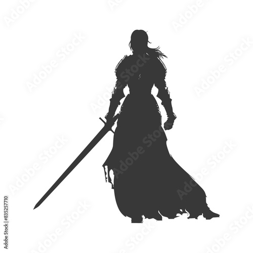 Silhouette Knight: Warrior Woman with Sword in Medieval Armor.