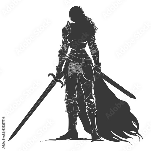 Armored Female Warrior Silhouette with Swords and Cape, Fantasy Illustration.