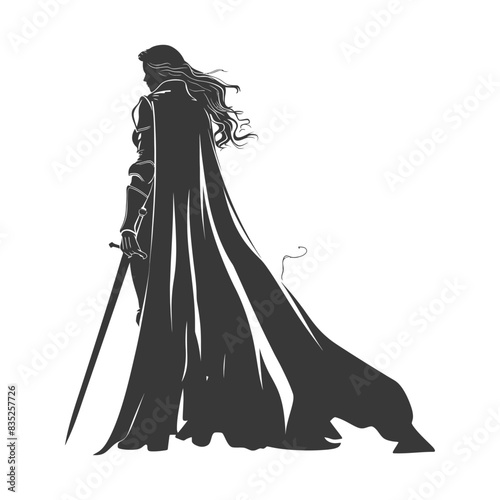 Silhouette: Female Knight in Armor with Flowing Cape and Sword on White.