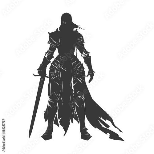 Silhouette of Female Knight: Armored Warrior with Sword, Back View, Tattered Cape