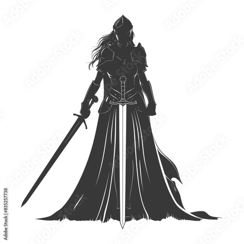 Female Knight Silhouette: Sword, Armor, Flowing Gown, Warrior Icon