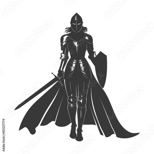 Armored Woman Warrior Silhouette with Sword and Shield, Flowing Cape, Isolated.