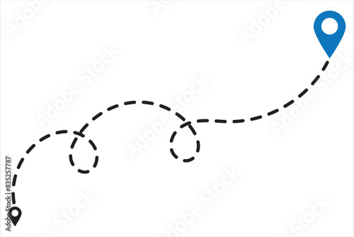 Map route icon. Gps path symbol. Travel signs. Roadmap symbols. Distance, geo pin, start and finish icons. Black, blue color. Vector sign.