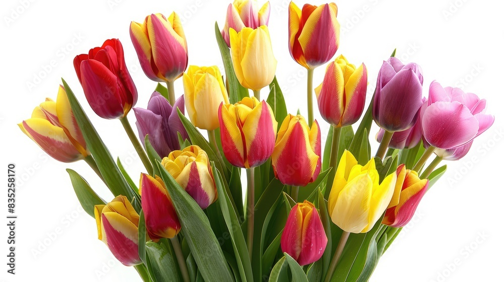 A bouquet of multicolored tulips, including red, yellow, pink, and purple, arranged beautifully against a white backdrop A bouquet of multicolored tulips, including red, yellow, pink, and purple, arranged beautifully against a white backdrop