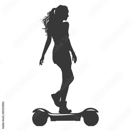 Silhouette of Young Woman Balancing on Hoverboard, Modern Mobility, White Background.