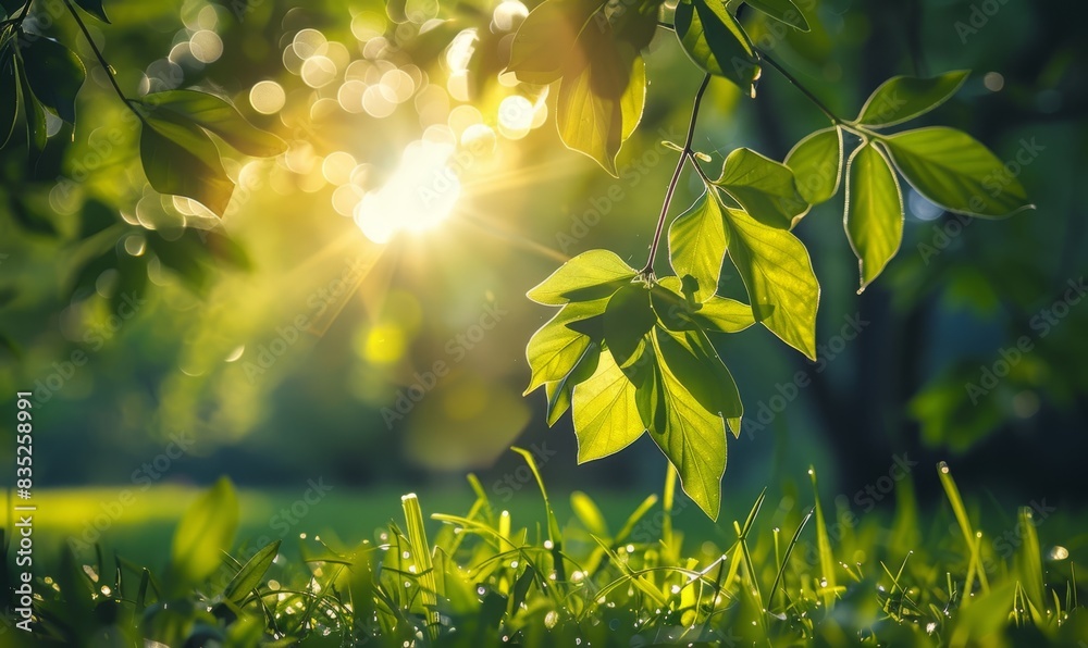 Defocused green trees in forest or park with wild grass and sun beams. Beautiful summer spring natural background Defocused green trees in forest or park with wild grass and sun beams. Beautiful summer spring natural background