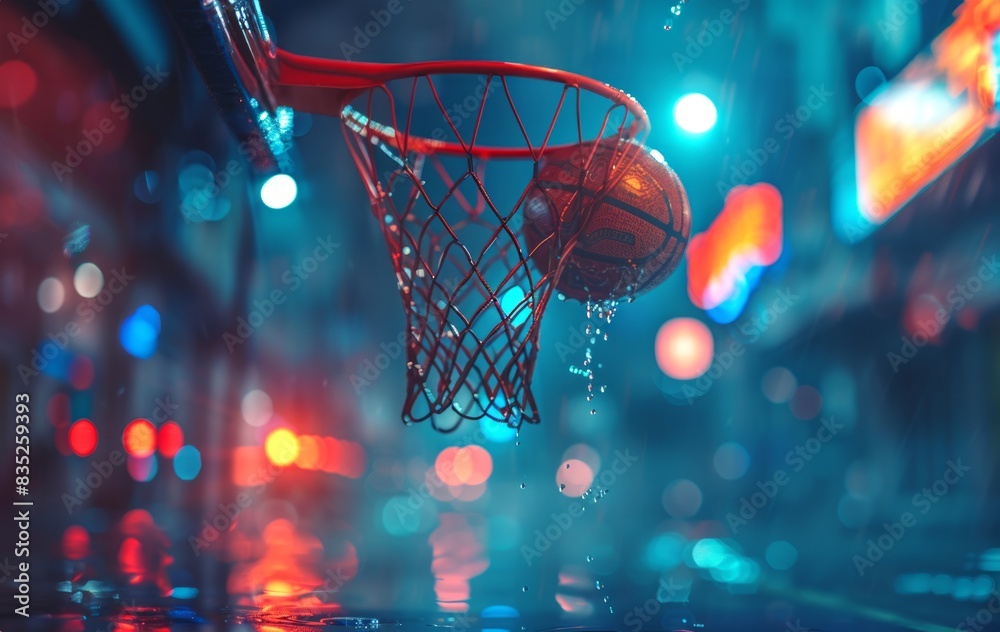 Basketball in Rainy City Street at Night. Orange Ball in Wet Hoop. Concept of urban sport, nightlife, athletic persistence, determination Basketball in Rainy City Street at Night. Orange Ball in Wet Hoop. Concept of urban sport, nightlife, athletic persistence, determination