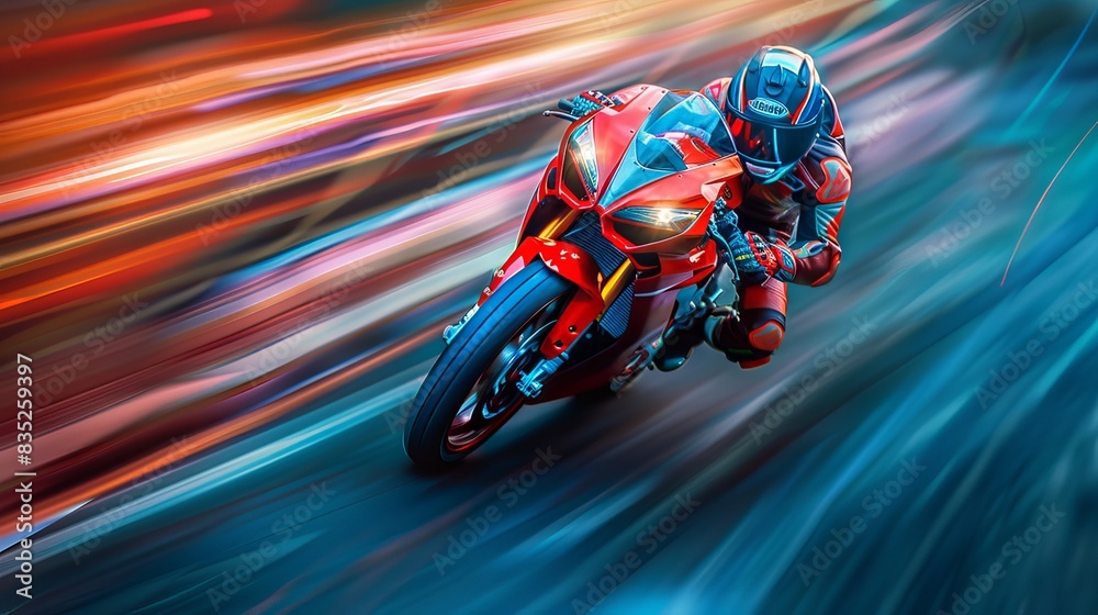 Obraz premium Male motorcyclist speeding on a red sportbike. Fast ride on a racing bike. Concept of motorsport, speed, adrenaline, dynamic movement