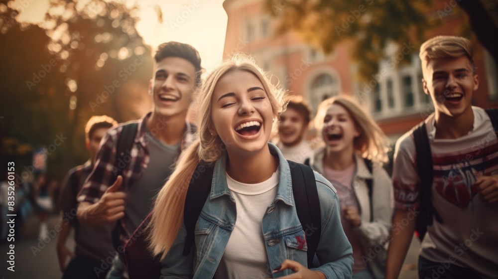 Fototapeta premium Group of smiling young people are studying together near university campus. Students outdoors.