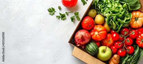 Assorted fresh vegetables in a cardboard box on a white textured background. Concept of healthy eating  organic food delivery  nutrition  fresh produce. Copy space