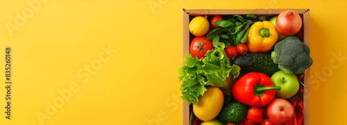 Fresh vegetables in a wooden crate on a yellow background. Healthy eating, organic produce, nutrition, farm-to-table. Concept of healthy lifestyle, diet, colorful food. Banner. Copy space © Jafree